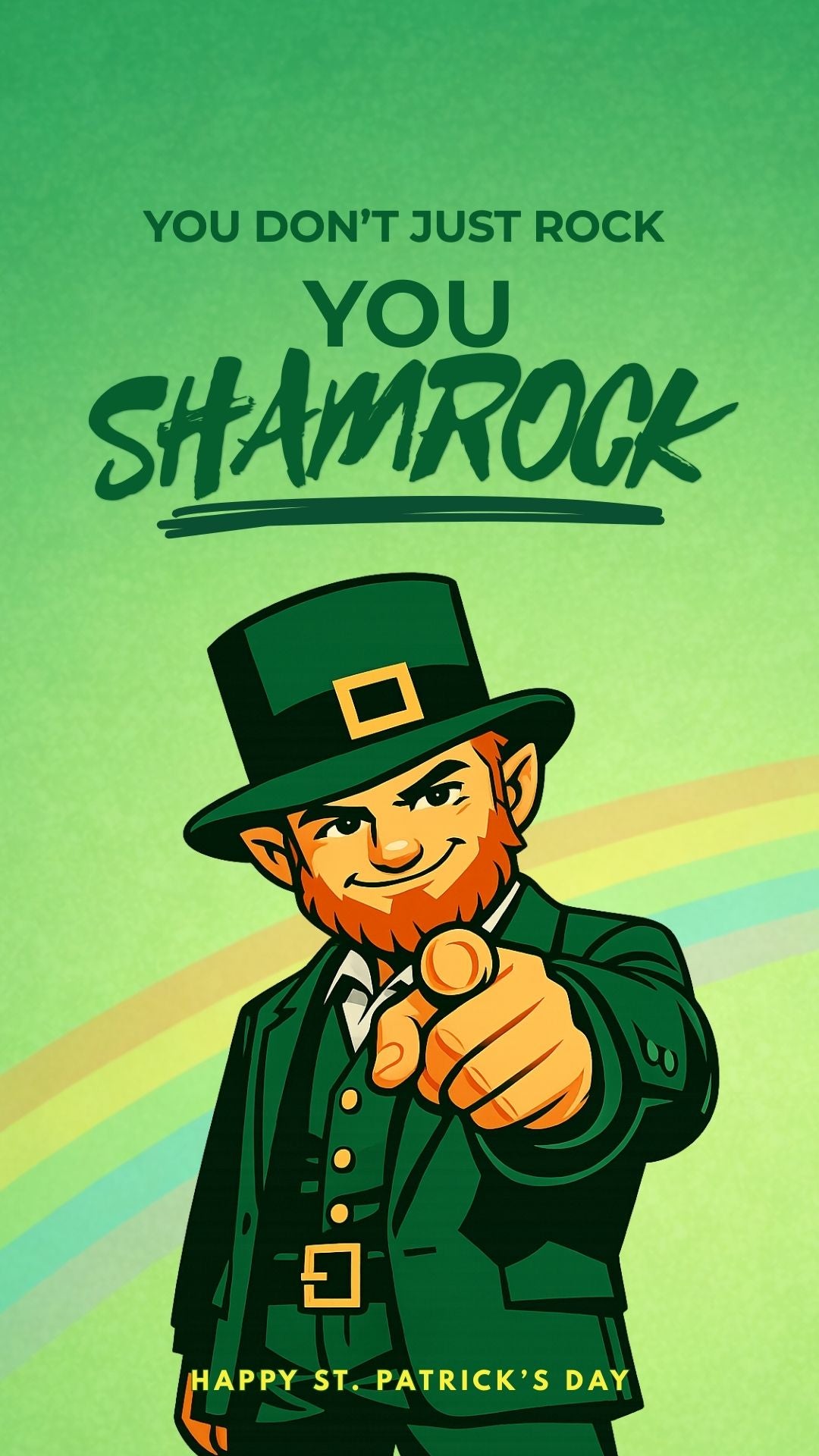Funny St. Patrick’s Day video eCard “You Don’t Just Rock, You Shamrock” with leprechaun and rainbow